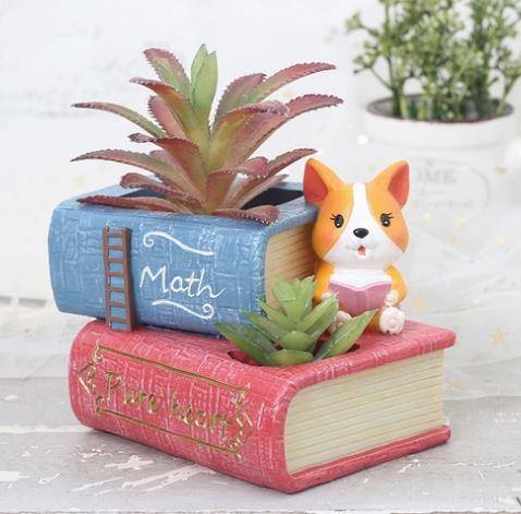 Cute Corgi Dog Reading Book Resin Succulent Pot - Plant N Pots