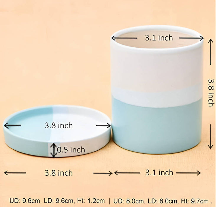 Blue Cylindrical Egg Shape Ceramic Pot with Tray