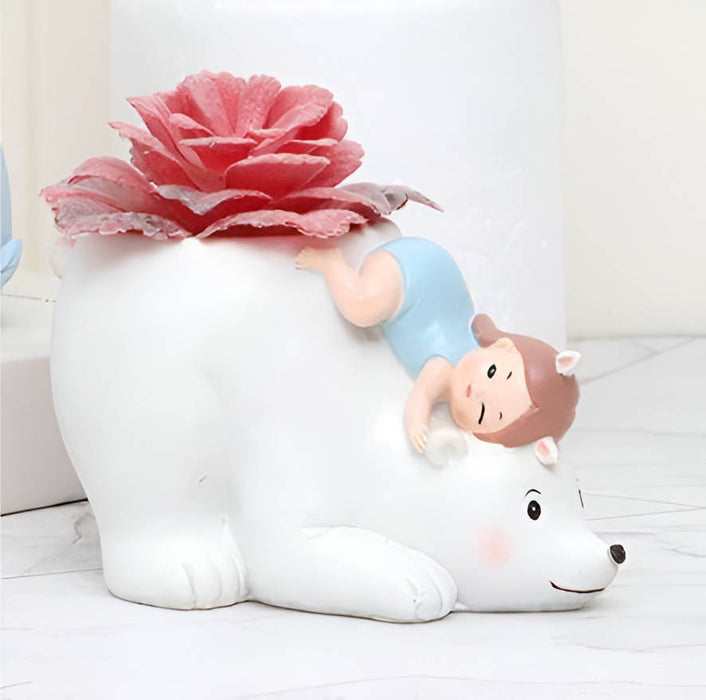 Cute Girl on Polar Bear Resin Succulent Pot