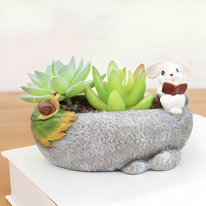 Cute Rabbit Reading Resin Succulent Pot