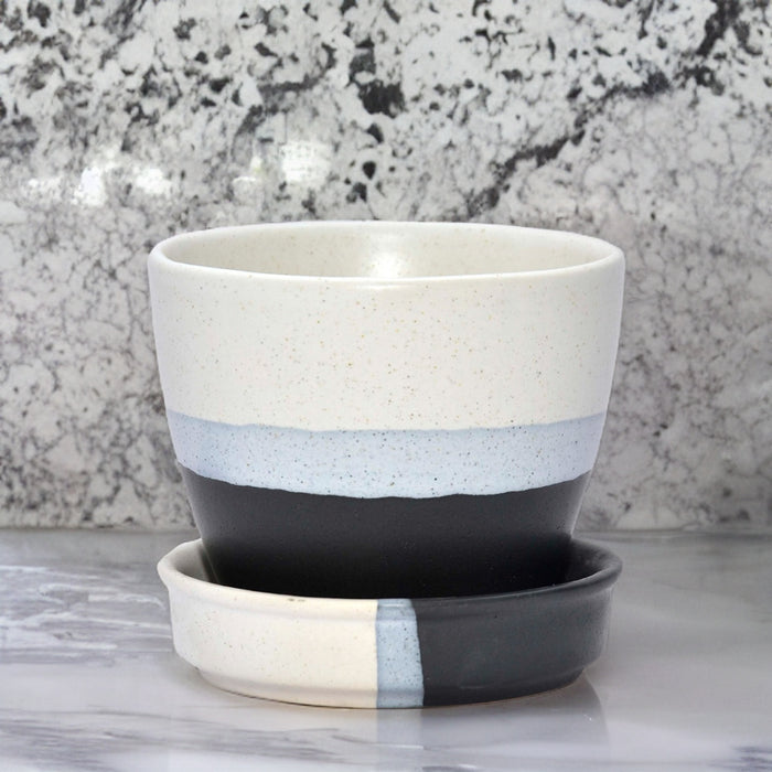 Dark grey Round Egg Shape Ceramic Pot with Tray