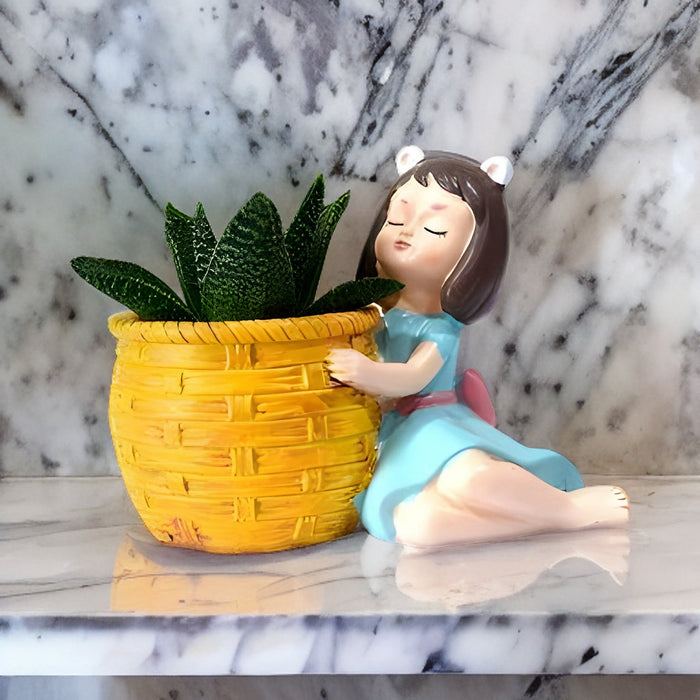 Girl With Basket Resin Succulent Pot