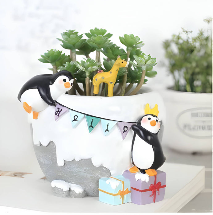 Penguins Celebrating Resin Succulent Pot
