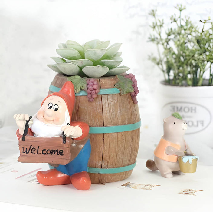 Welcoming Dwarf with Barrel Resin Succulent Pot