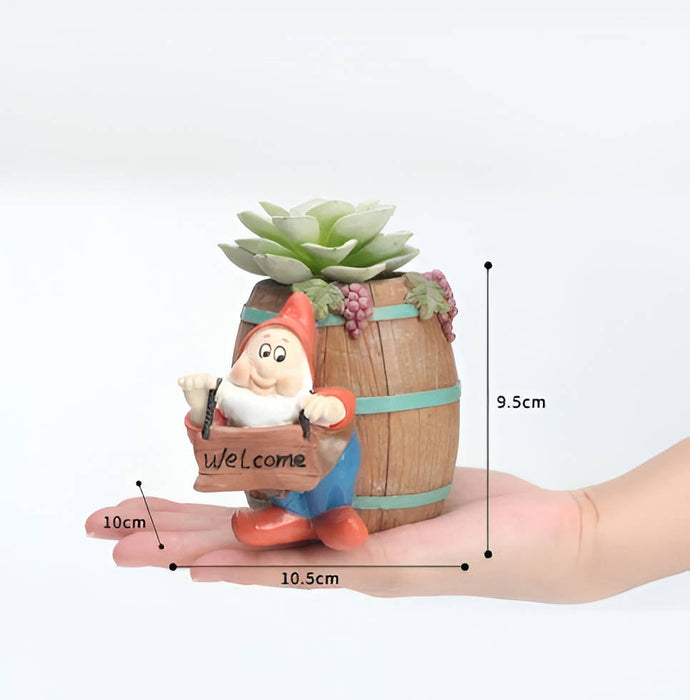 Welcoming Dwarf with Barrel Resin Succulent Pot