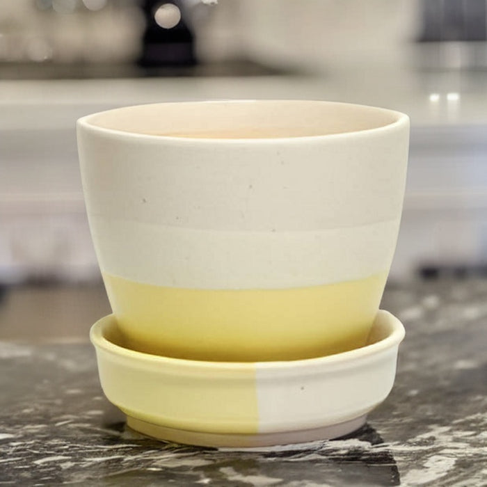 Yellow Round Egg Ceramic Pot with Tray