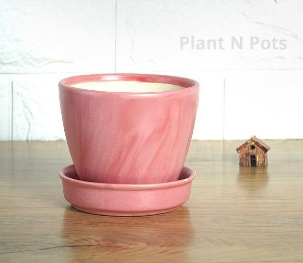 Granite Pink Round Egg Ceramic Pot with Tray - Plant N Pots