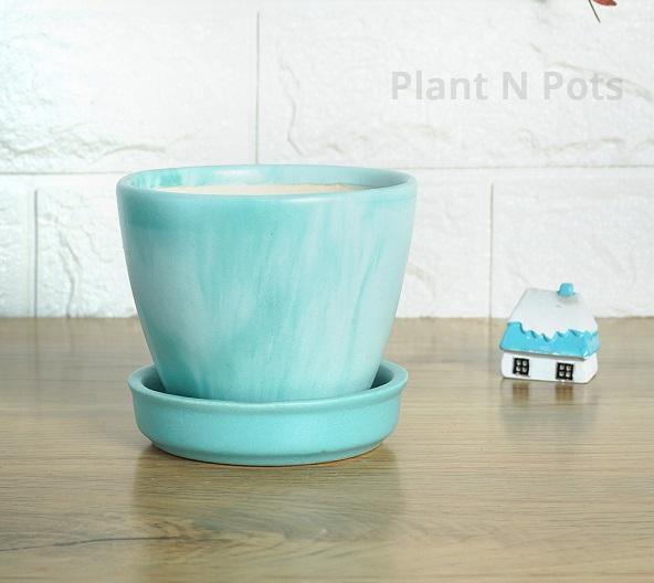 Granite Blue Round Egg Ceramic Pot with Tray - Plant N Pots
