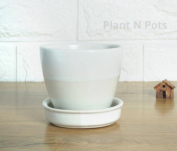 Greyish Round Egg Shape Ceramic Pot with Tray - Plant N Pots