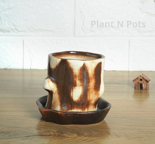 Brown Tree Bark Shape Ceramic Pot - Plant N Pots