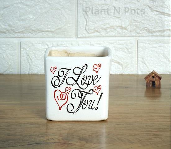 I Love You Square Ceramic Pot White ( 3 inch) - Plant N Pots