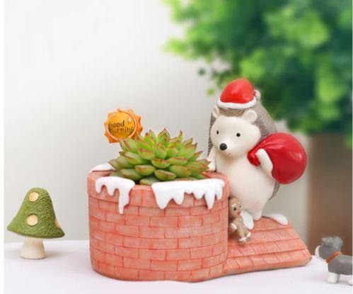 Christmas Hedgehog on Chimney Resin Succulent Pot - Plant N Pots