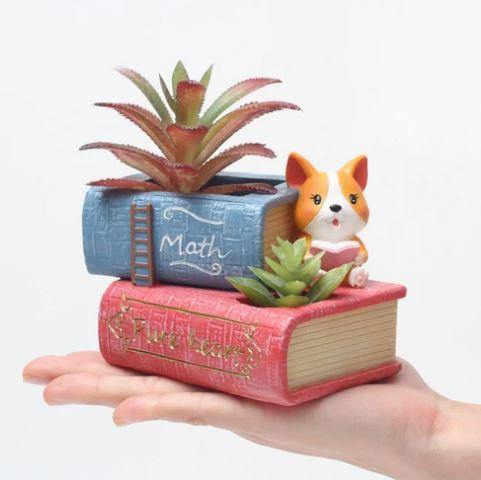 Cute Corgi Dog Reading Book Resin Succulent Pot - Plant N Pots