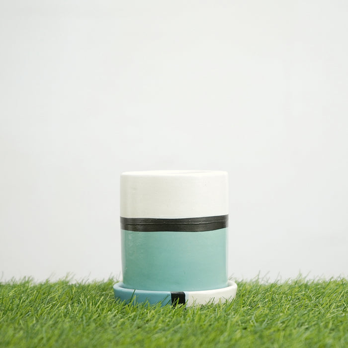 Sea green Cylindrical Shape Ceramic Pot with Tray