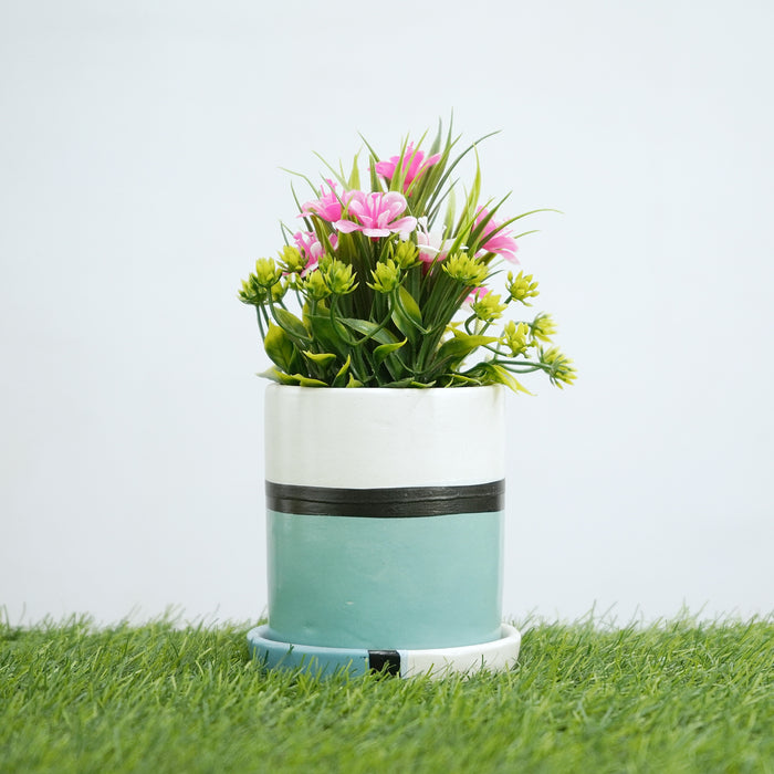 Sea green Cylindrical Shape Ceramic Pot with Tray