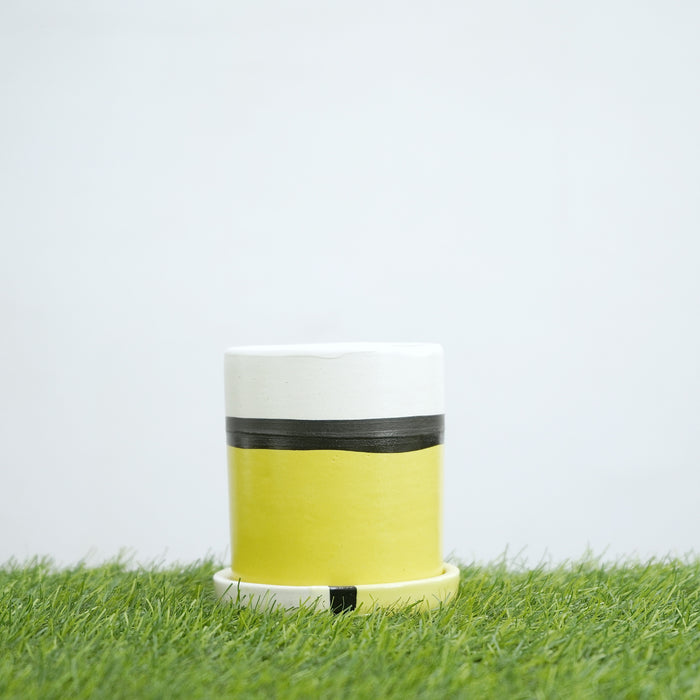 Yellow Cylindrical Shape Ceramic Pot with Tray