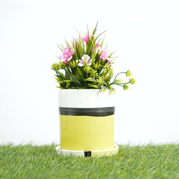 Yellow Cylindrical Shape Ceramic Pot with Tray