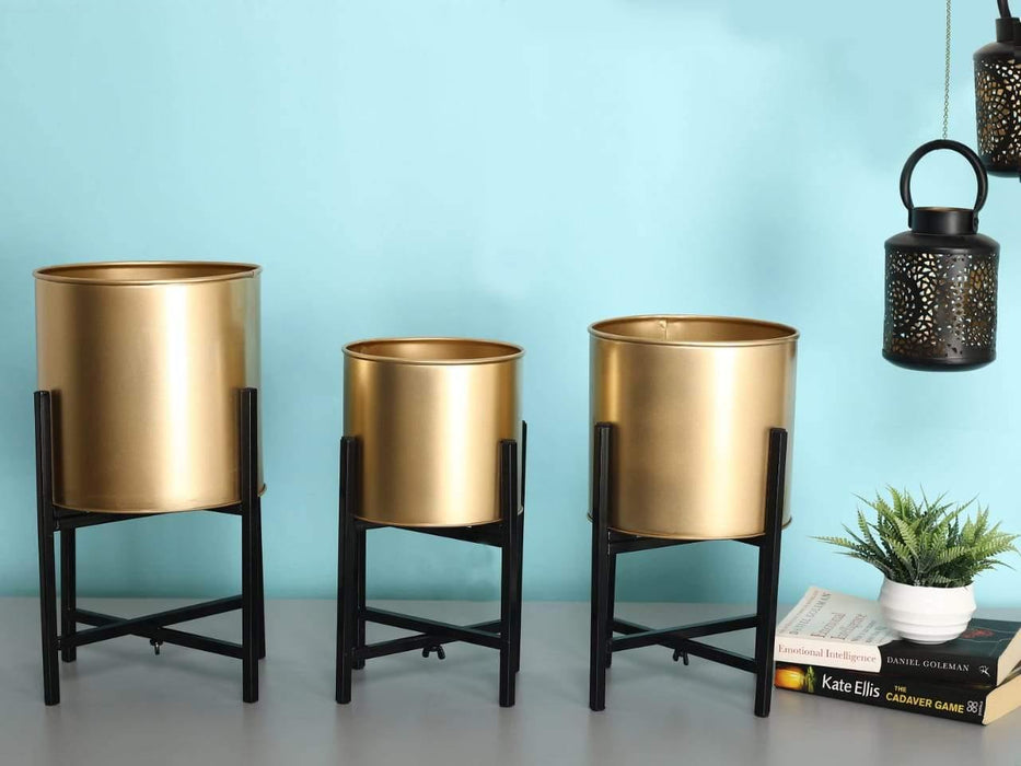 Mid Century Design Metal Pot (Black/Gold) Set of 3 - Plant N Pots