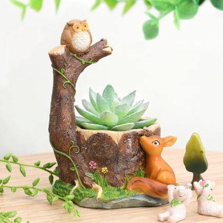 Perched Owl on Tree and Deer Resin Succulent Pot - Plant N Pots